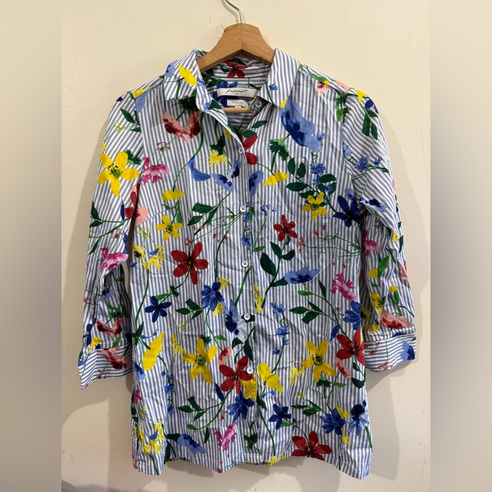 Foxcroft Blue & White Striped Floral Button-Down Shirt